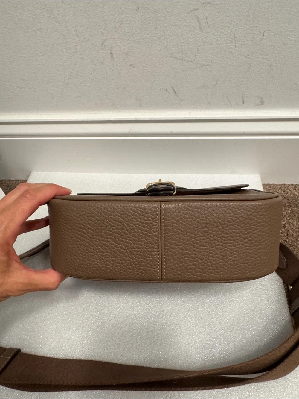 Coach Amelia saddle crossbody bag dark stone taupe color
